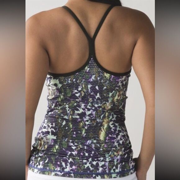 LULULEMON Sz 4 Power Y Tank Top Olive Green Purple Floral Multi Dot - Picture 2 of 5